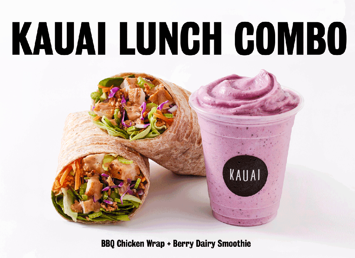 Kauai BBQ chicken wrap and berry dairy smoothie Kauai BBQ chicken wrap and berry dairy smoothie